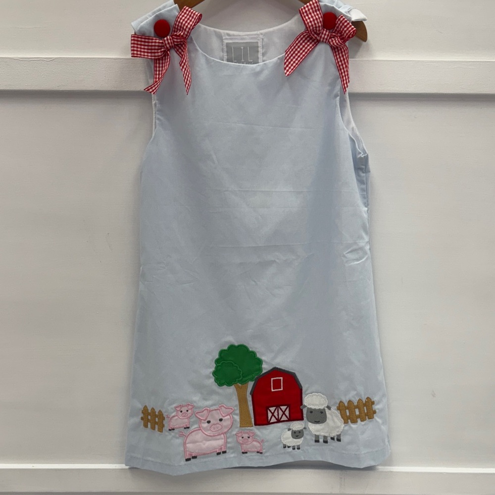 Adorable Light Blue Kids Dress with Farm Appliqué